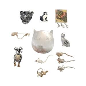 Vintage Cat and Mouse Brooch Lot of 13, Vintage Lapel Pin Bundle